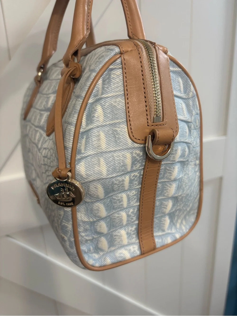 Brahmin Denim Light Blue Croc-Print Satchel Tote with Tan Trim HTF!